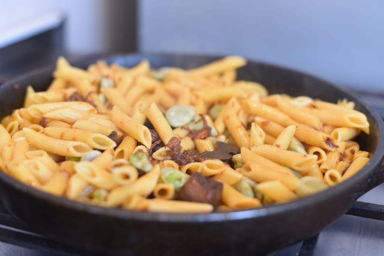Pasta with oxtail and fava beans