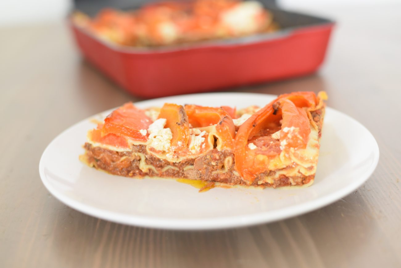 Rich Meat Ragu Lasagna with roasted peppers and Feta